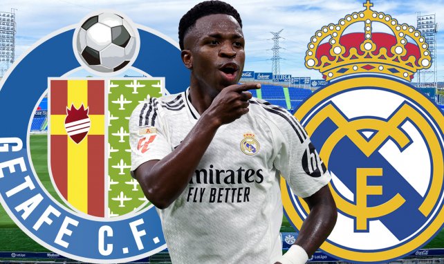 Vinicius con los escudos de Getafe y Real Madrid