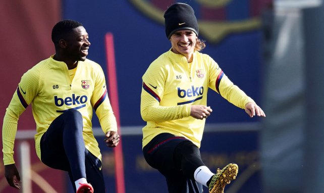 Ousmane Dembélé y Antoine Griezmann, durante un entrenamiento del FC Barcelona