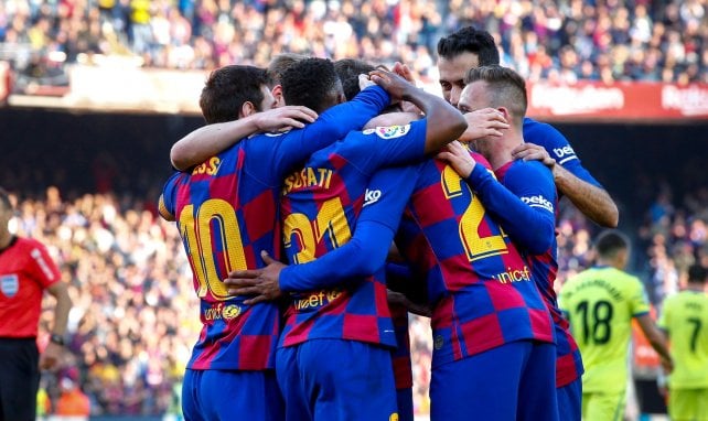 Jugadores del FC Barcelona celebrando un tanto