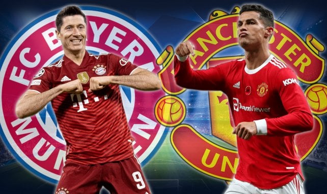 Robert Lewandowski y Cristiano Ronaldo con los escudos de Bayern Múnich y Manchester United