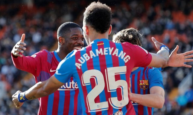 Pierre-Emerick Aubameyang festeja una de sus dianas con el FC Barcelona