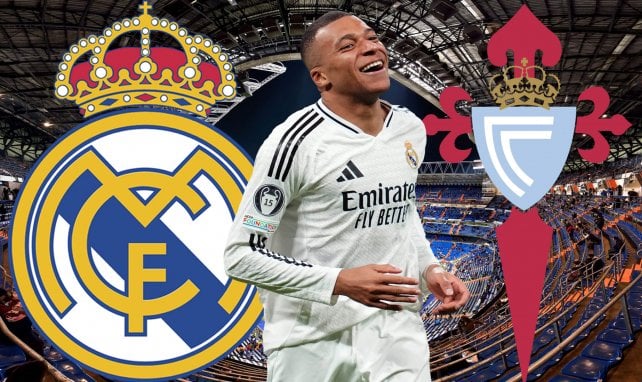 Kylian Mbappé con escudos de Real Madrid y Celta.