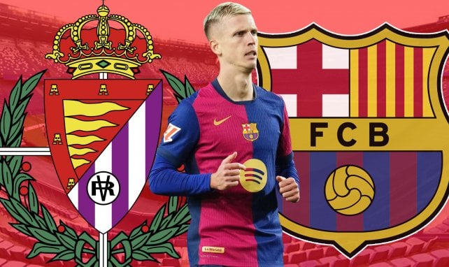 Dani Olmo con los escudos de Valladolid y FC Barcelona.