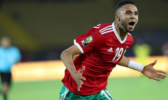 Youssef En Nesyri celebra un gol con Marruecos